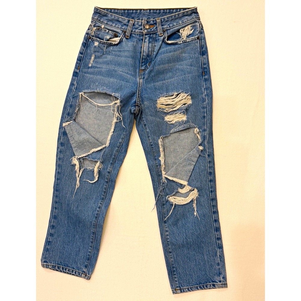 CARMAR Women's Straight Leg Jeans Blue Medium Wash Distressed 5-Pocket Cotton